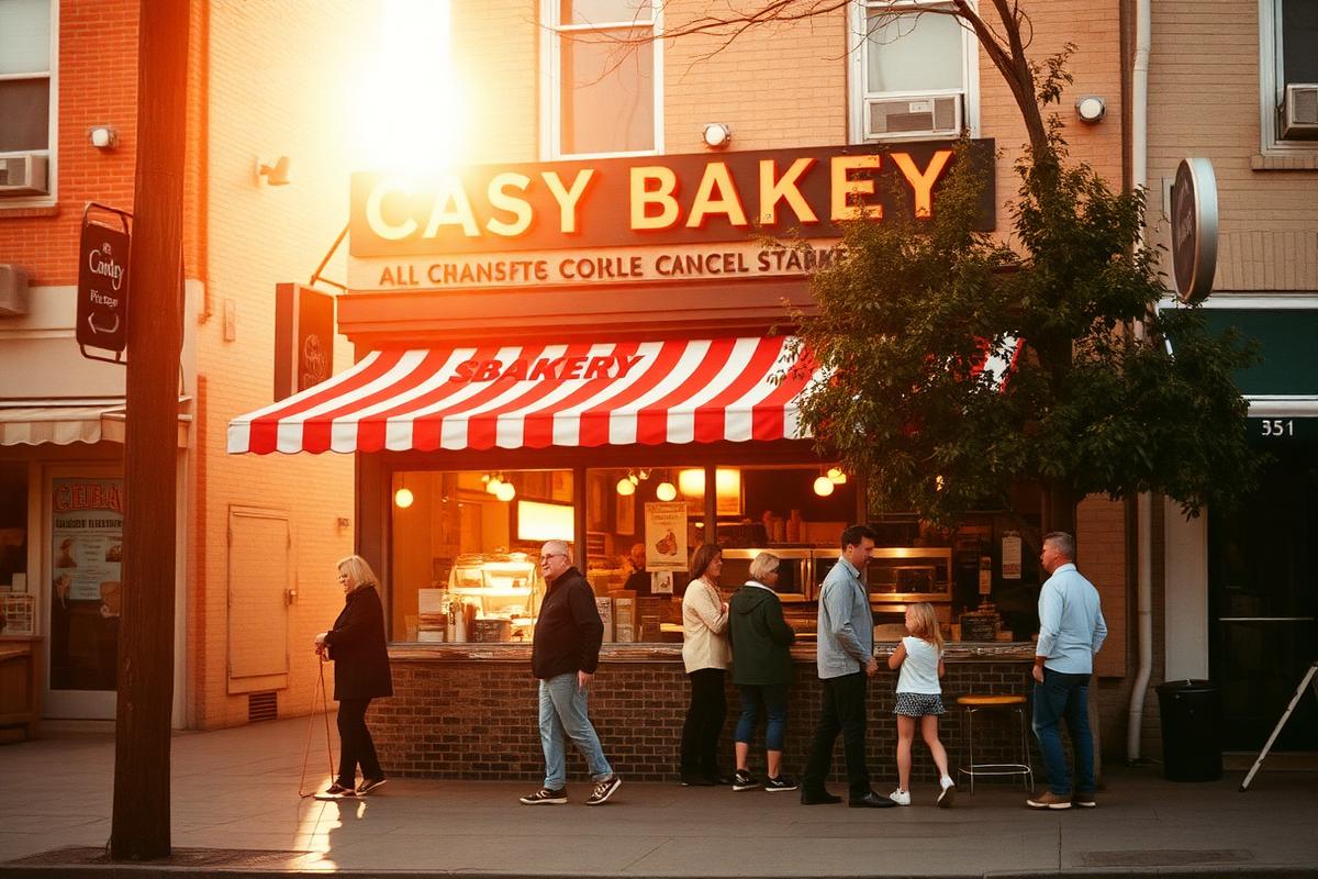 Hearth & Grain Bakery storefront with a line of customers